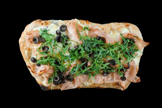 Pinsa romana gourmet italian cuisine on black background. Scrocchiarella traditional dish. Food delivery