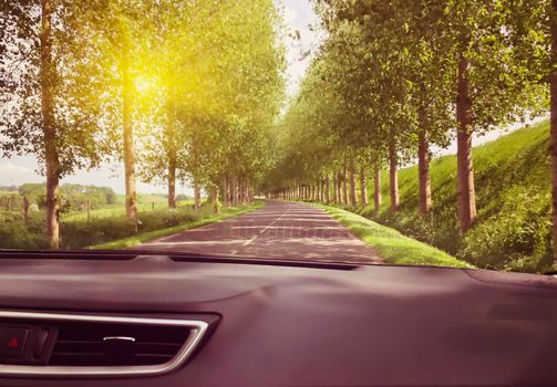 View of the road and forest through the windshield of the car Sunbeams