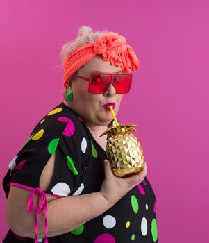 Overweight plus size female, fat women, Fat girl, Chubby, holding golden fruit ananas isolated on pink background - lifestyle Woman diet weight loss overweight problem concept. High quality photo