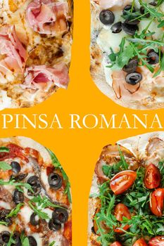 Pinsa romana gourmet italian cuisine on yellow background. Scrocchiarella. Food delivery from pizzeria