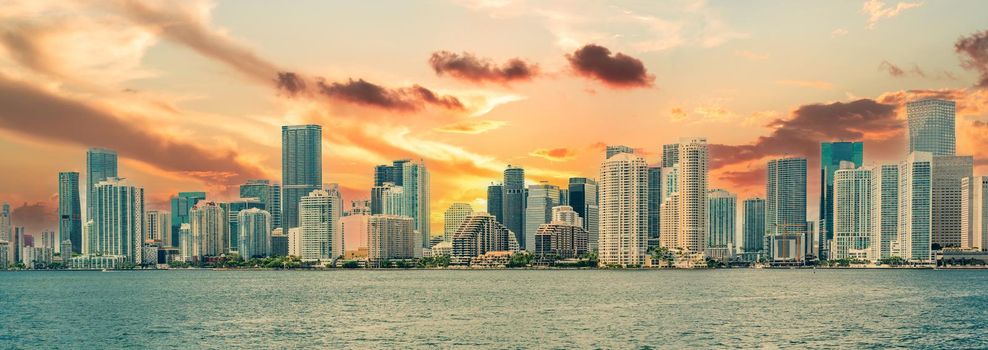 Miami Downtown skyline in daytime and Biscayne Bay