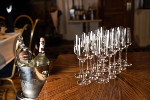 Wine glasses on the table in restaurant. Aperetif before party