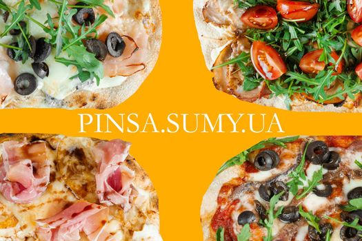 Pinsa romana gourmet italian cuisine on yellow background. Scrocchiarella traditional dish. Food delivery from pizzeria. Pinsa with meat, arugula, olives, cheese.
