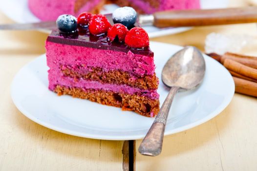 blueberry and raspberry cake mousse dessert with spice 