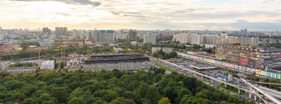 Moscow aerial panorama with city district view. Panorama of the Russian city during sunset