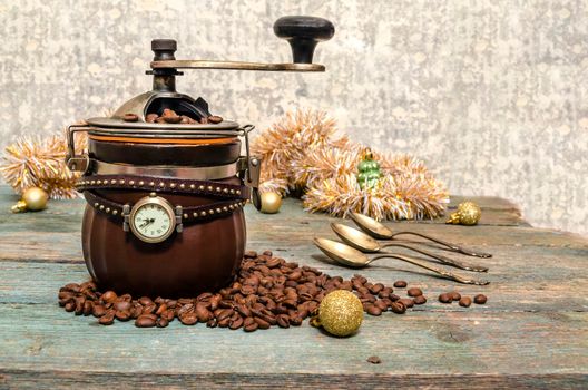 Christmas still life with coffee and clock on old wooden table. From a series Coffe time