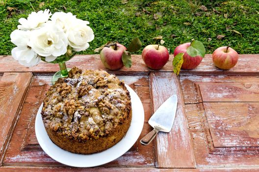 Autumn still life with cake, walnuts, apples and white roses. Rustic style. From series Natural organic food