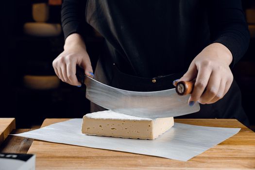 Brie soft white cheese from cow milk. Slicing brie on the wooden table. Organic delicious food