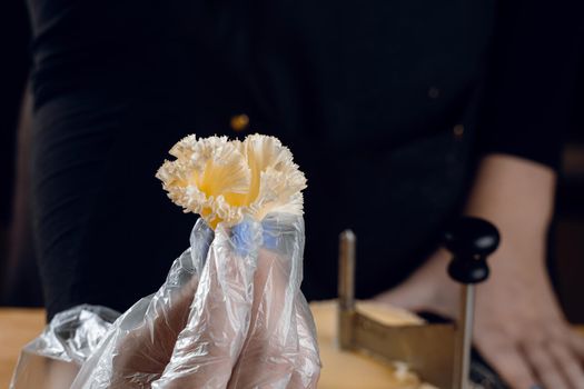 Shaving tete de moine cheese using girolle knife. Monks head. Variety of Swiss semi-hard cheese made from cows milk.