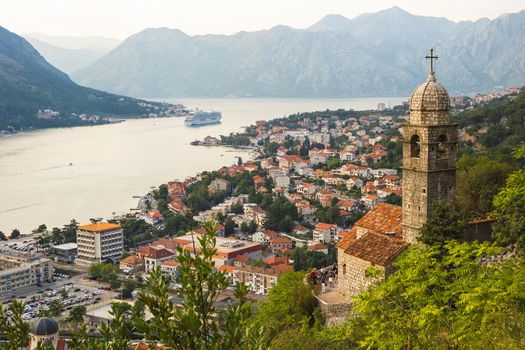KOTOR, MONTENEGRO - September 16, 2019: Top view of the old city of Kotor and the Kotor Bay in Montenegro