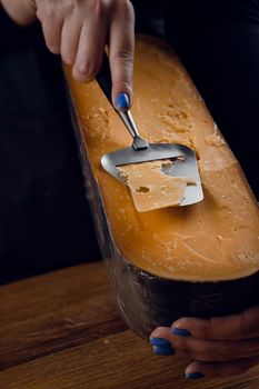 Slicing aged cheese parmesan with crystals using slicer knife. Hard cheese with knife for appetizer on dark background