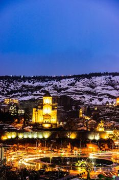 Evening view of Tbilisi's Old town with unusual heave snow