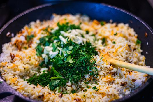 Fresh cooked vegetarian rice with herbs