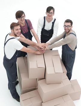 Happy smiling movers carrying boxes, isolated on white background,