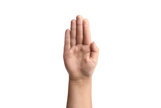 Children's hand on a white background. The girl's palm is pointing up