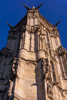 Tower Saint-Jacques in Paris against the sky on a sunny day, France