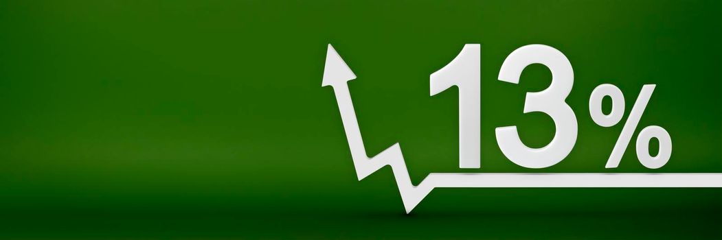 13 percent. The arrow on the graph points up. Rising prices, inflation, increase in income, increase in interest rates, taxes. 3d banner, thirteen percent sign discount on a green background