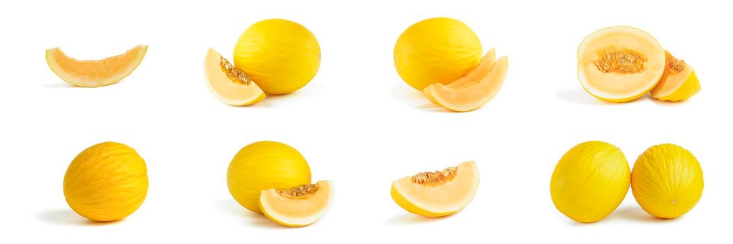 Melon big set on a white background. Yellow melon on a white isolate. Fresh juicy piece of melon with shadow on a white background. For insertion into a project, design or advertisement.
