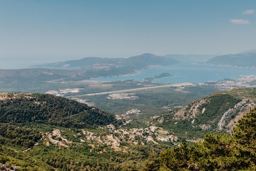 Beautiful nature mountains landscape. Kotor bay, Montenegro. Views of the Boka Bay, with the cities of Kotor and Tivat with the top of the mountain, Montenegro.