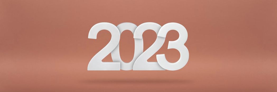 Happy New Year 2023 greeting template. Festive 3d banner with white numbers 2023 on a red background. Festive poster or banner design. Happy new year modern background.