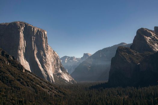 Landscape showing Capitan and others mountains in Yosemite Valley in California