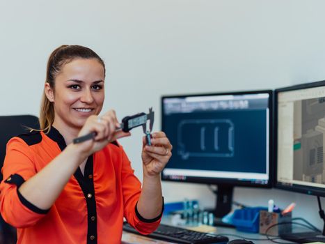 Within the heavy industry, a factory industrial engineer measures with a caliper and on a personal computer Designs a 3D model. High quality photo