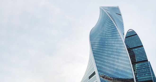 MOSCOW, RUSSIA - October 03, 2020. Moscow International Business Center MIBC , Evolution and Empire towers on clear blue sky background. Banner with copy space.