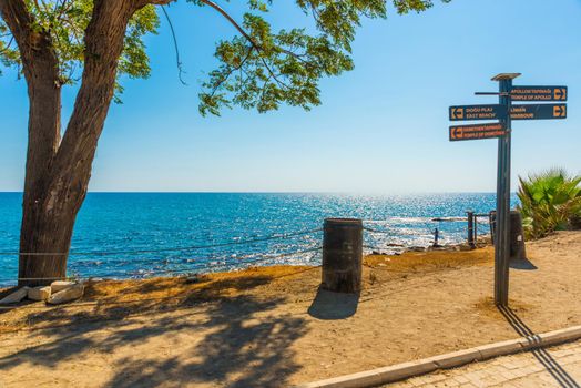 SIDE, TURKEY: View from the promenade in the city of Side to the Mediterranean Sea on a sunny summer day in the background of the blue sky.