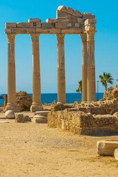 SIDE, TURKEY: Ruins of the Temple of Apollo in Side in a beautiful summer day, Antalya, Turkey
