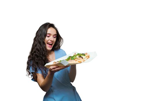 Girl courier with pinsa romana and scrocchiarella gourmet italian cuisine on white background. Holding traditional dish. Food delivery from pizzeria. Pinsa with meat, arugula, olives, cheese