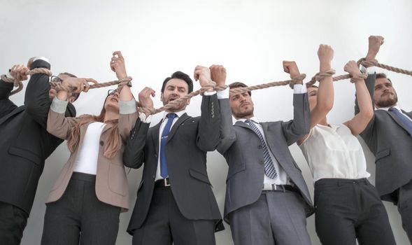 group of business people with a blank hand asking for help