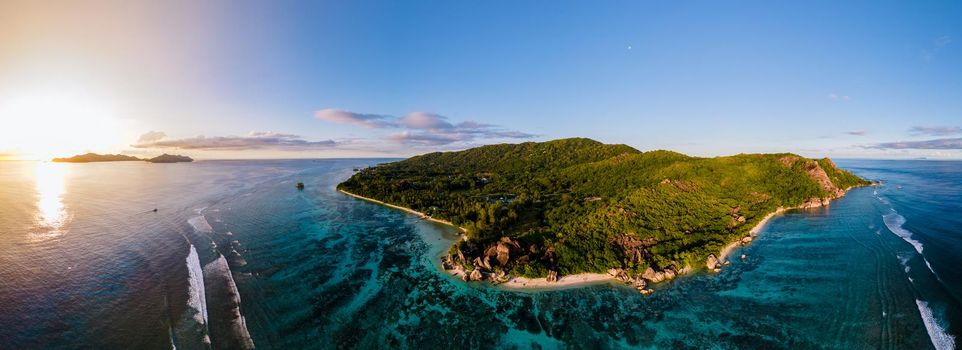 Anse Source d'Argent beach, La Digue Island, Seyshelles, Drone aerial view of La Digue Seychelles bird eye view.of tropical Island