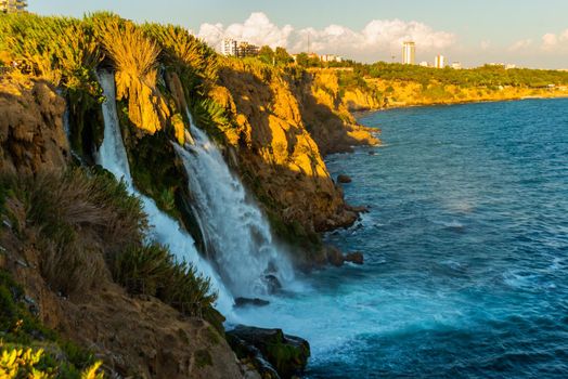 ANTALYA, TURKEY: The scenic view of Duden waterfall in Antalya on a sunny summer day.