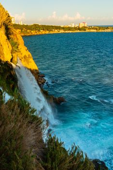 ANTALYA, TURKEY: Beautiful landscape with a picturesque view of Waterfall Duden on an evening summer day in Antalya.