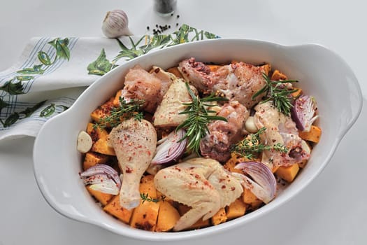 Chicken pieces prepared with pumpkin, onion, garlic and spices in a white ceramic baking dish. Decorated with rosemary. Autumn food concept. View from above. Flat lay