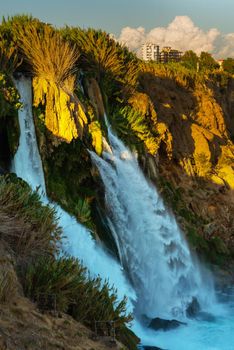 ANTALYA, TURKEY: Beautiful landscape with a picturesque view of Waterfall Duden on an evening summer day in Antalya.
