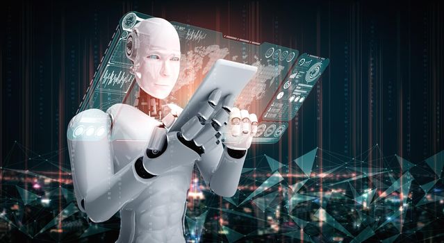 Robot humanoid use mobile phone or tablet for big data analytic using AI thinking brain , artificial intelligence and machine learning process for the 4th fourth industrial revolution . 3D rendering.