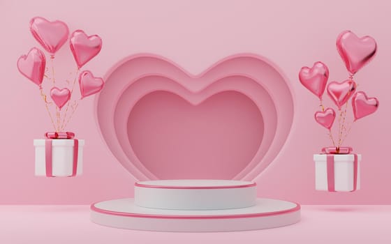 Empty white cylinder podium with pink border, gift boxes, hearts balloons on arch and curtain background. Valentine's Day interior with pedestal. Mockup space for display of product design. 3d render.