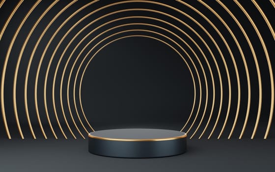 Empty gray cylinder podium with gold border and circle on gray background. Abstract minimal studio 3d geometric shape object. Pedestal mockup space for display of product design. 3d rendering.