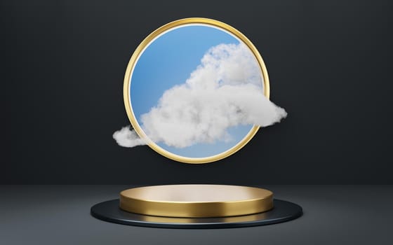 Empty gold and black cylinder podium with circle on gray arch and cloud in blue sky background. Abstract minimal studio 3d geometric shape object. Pedestal mockup space of product design. 3d rendering