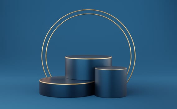 Empty blue cylinder podium with gold border and 2 gold circle on blue background. Abstract minimal studio 3d geometric shape object. Mockup space for display of product design. 3d rendering.