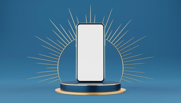 Blue mobile phone on cylinder podium with gold border and spiked halo circle on blue background. Pedestal mockup space for luxury and modern. smartphone with blank white screen. 3d rendering.