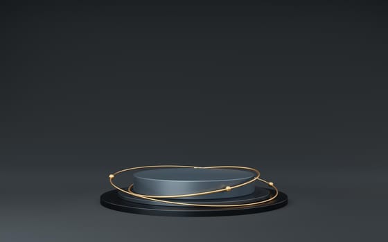 Empty gray cylinder podium and gold circle and ball on black background. Abstract minimal studio 3d geometric shape object. Pedestal mockup space for display of product design. 3d rendering.
