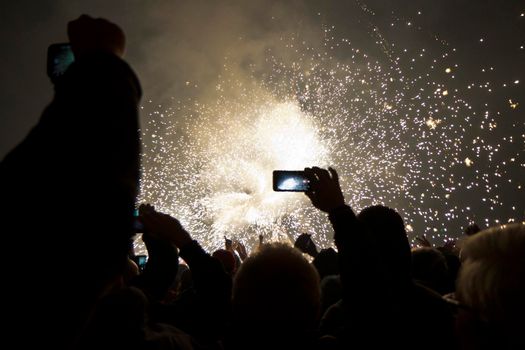 Fireworks are launched from a model of a horse at the Cavallo di fuoco reconstruction in Ripatransone Italy