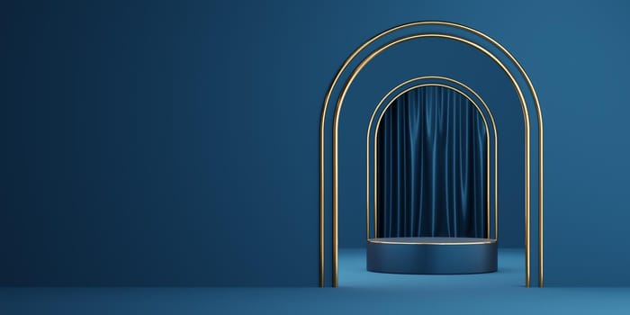 Empty blue cylinder podium with gold border on arch, curtain and  copy space background. Abstract minimal studio 3d geometric shape object. Mockup space for display of product design. 3d rendering.