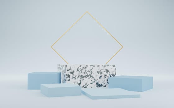5 Empty white marble cube podium and gold square on blue background. Abstract minimal studio 3d geometric shape object. Mockup space for display of product design. 3d rendering.