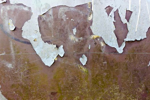 Light coloured paint peels and cracks off of a metal surface showing a brown colour beneath. The paint is heavily cracked and weathered.