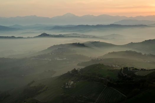 The valleys near Ripatransone are covered in mist in the morning