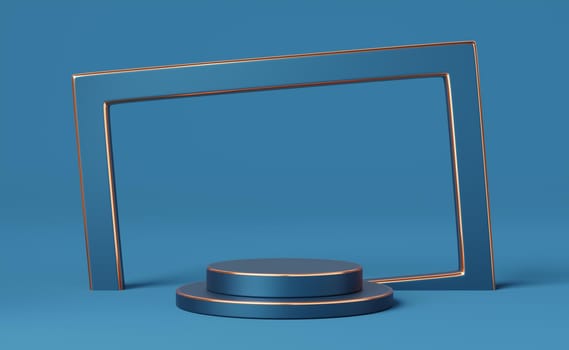 Empty blue cylinder podium with gold border frame on blue background. Abstract minimal studio 3d geometric shape object. Mockup space for display of product design. 3d rendering.