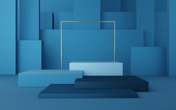 Empty blue cube podium with gold border and gold square on blue box background. Abstract minimal studio 3d geometric shape object. Pedestal mockup space for display of product design. 3d rendering.